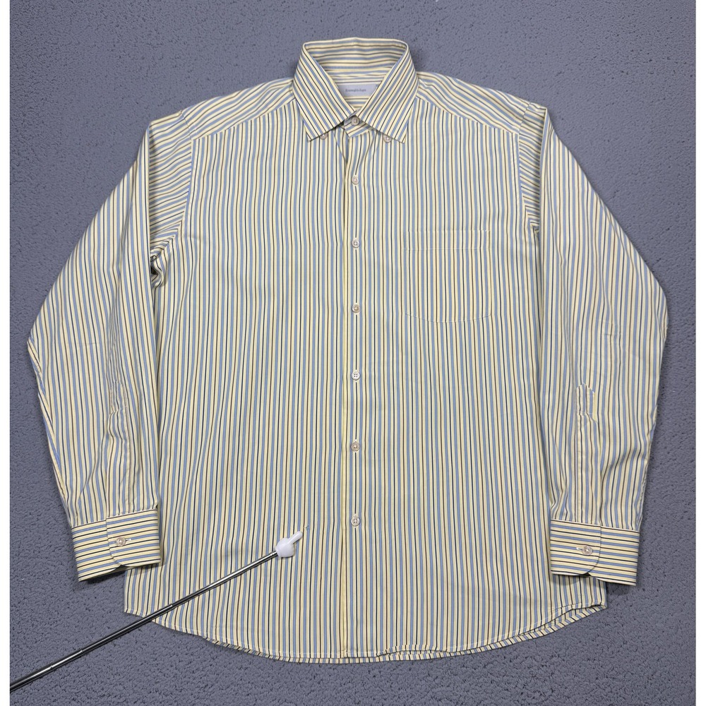 Ermenegildo Zegna Shirt Mens Large Yellow Stripe Dress Button Front Long Sleeve